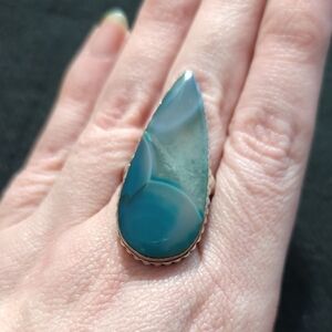 Silver Plated Blue Banded Agate Gemstone Teardrop Statement Ring - Size 8